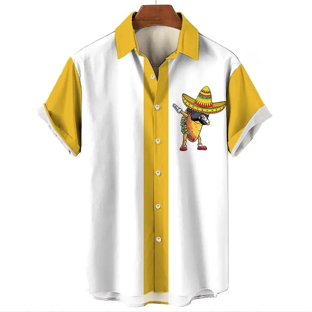 Man wearing a striped short-sleeve Hawaiian button-up shirt in a bright colour.