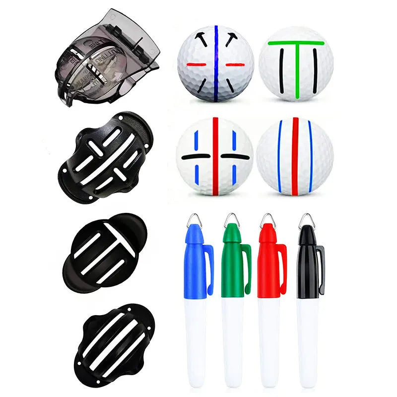 Golf putting alignment tool set with scribers and drawing pens for ball marking practice
