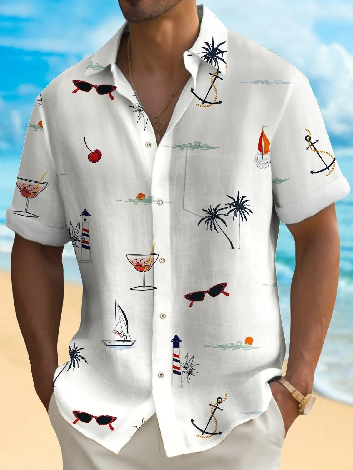 Man wearing a loose fit short sleeve shirt with a colourful digital Hawaiian print pattern.