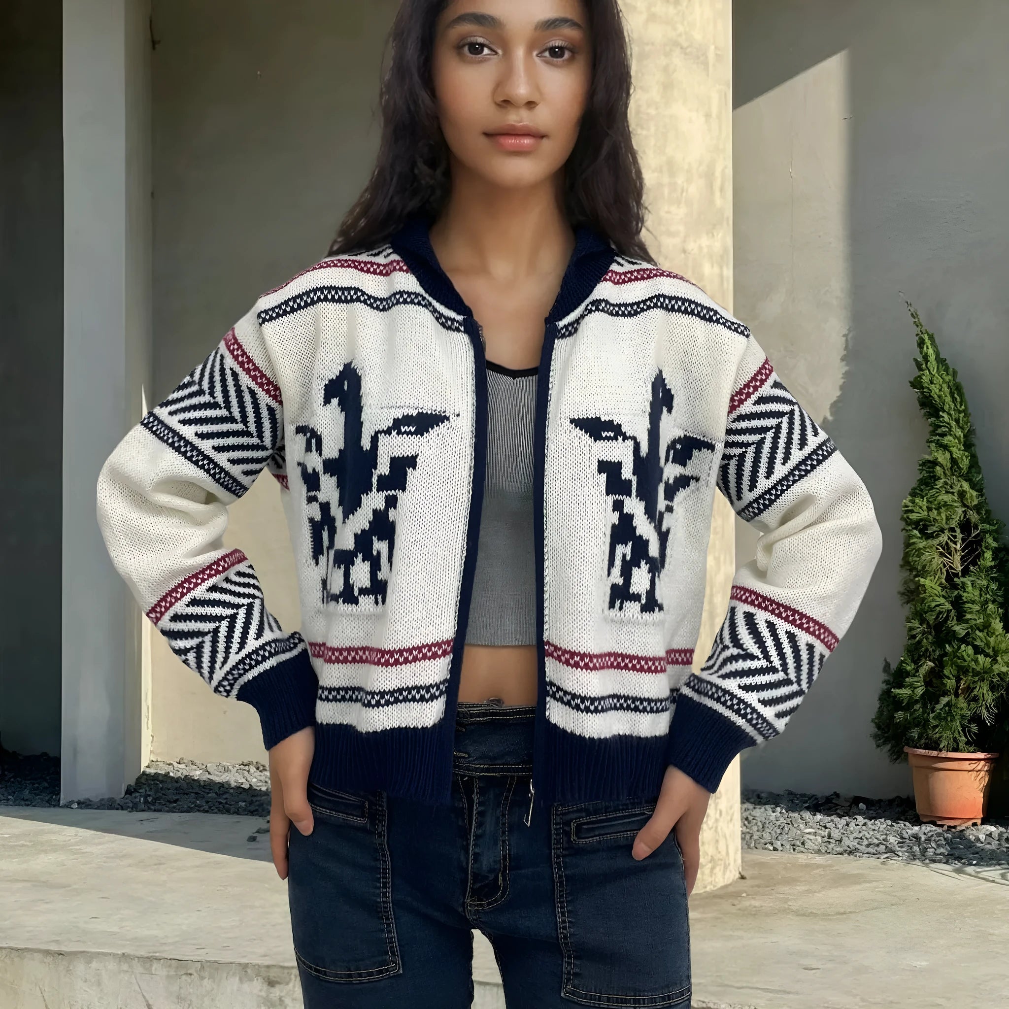 White women's zip cardigan with jacquard contrast stripe pattern and lapel collar