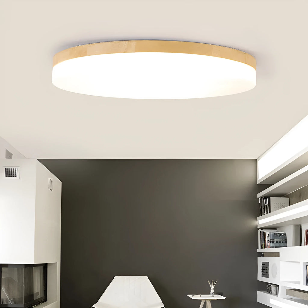 Japanese minimalist wood and acrylic LED ceiling lamp showing three size options