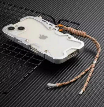 Metal frame robot arm phone case for iPhone in silver with anti-fall protection and heat dissipation