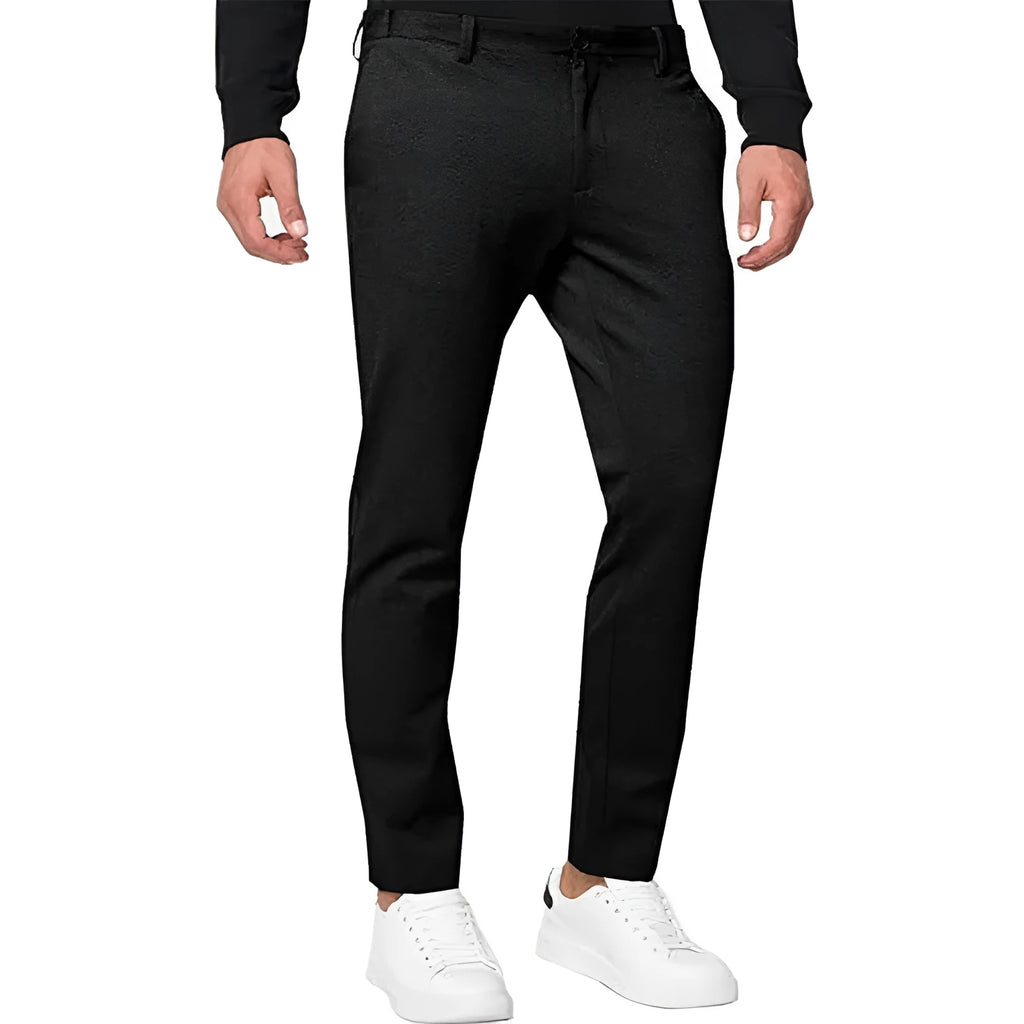 Men's slim-fit tapered chino trousers in stretch cotton blend fabric with pleated front detail