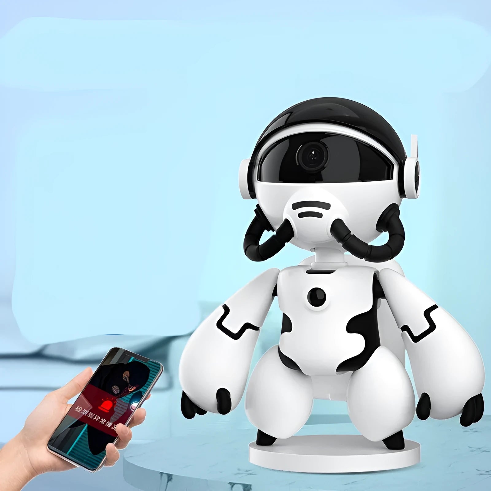 White or black Space Robot 1080P HD battery-powered indoor security camera on its detachable base.