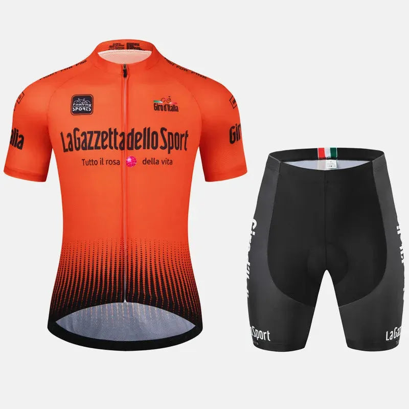 Short sleeve cycling jersey in a colour option, laid flat to show unisex cut and breathable polyester fabric.