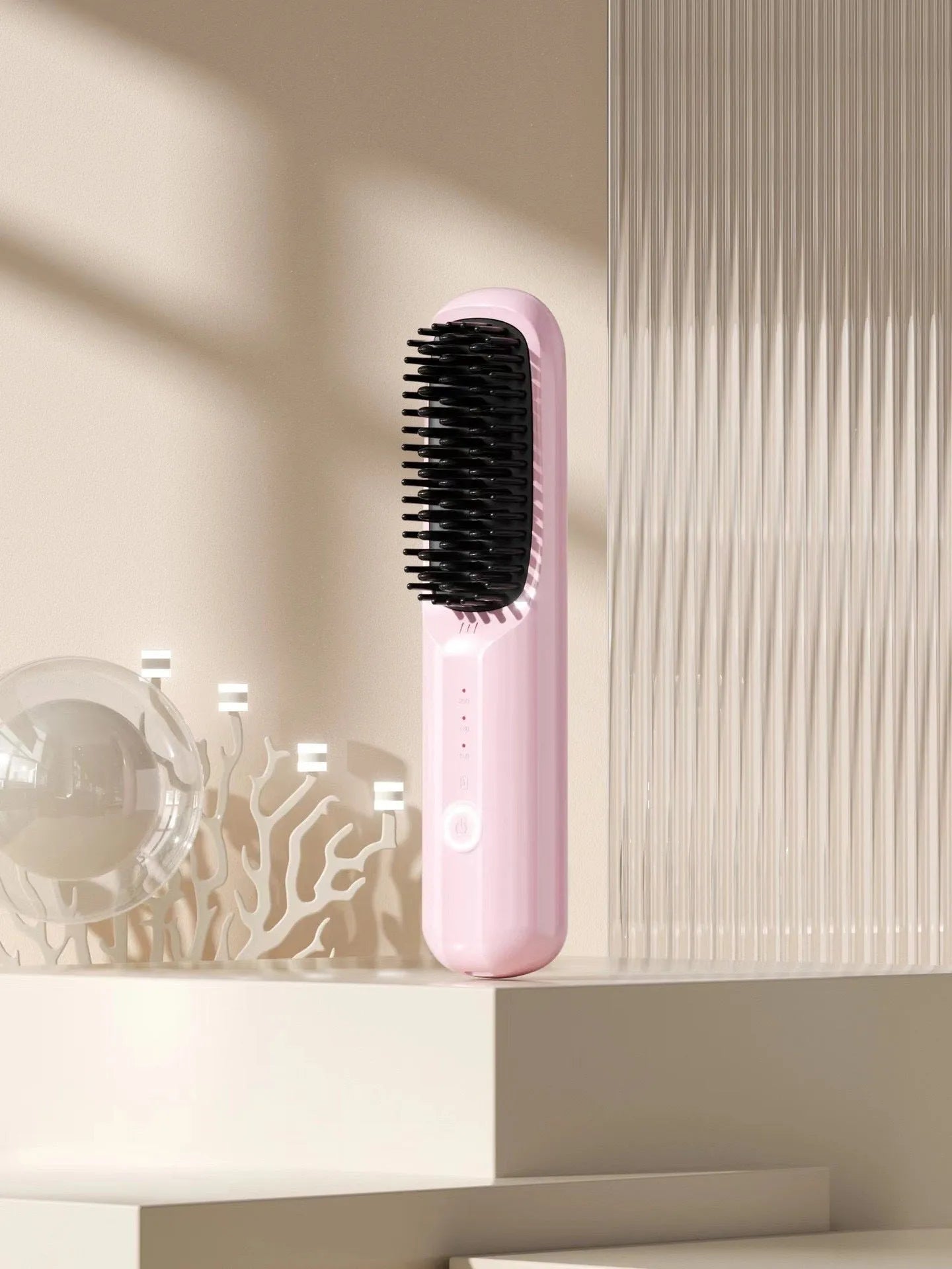 Wireless anion straight comb in beige, black, pink, or purple colours with USB-C charging port.