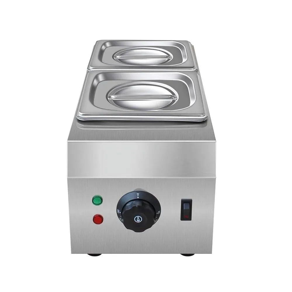 Commercial electric chocolate melting machine with double pot and temperature control display.