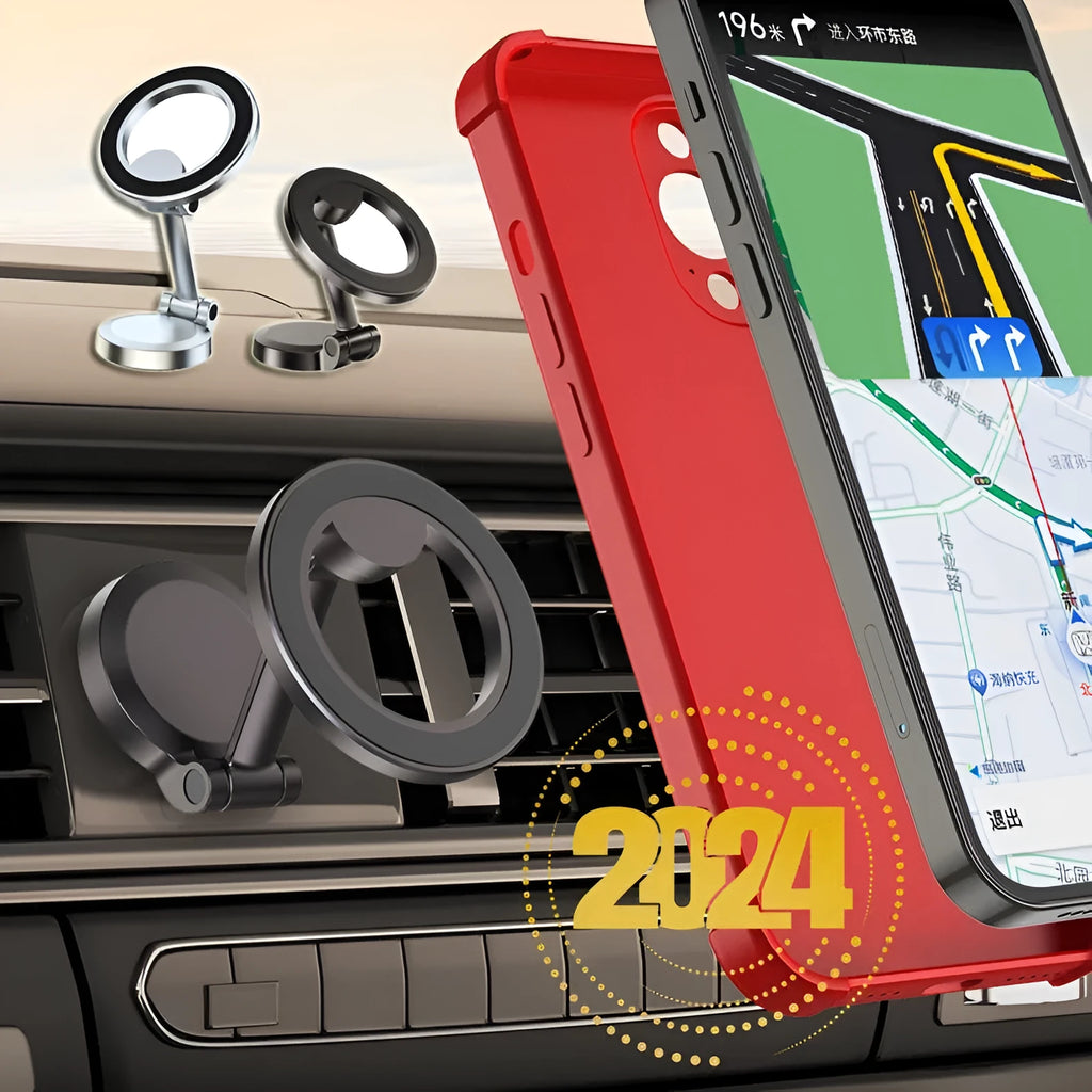 All-metal magnetic car phone mount with foldable bracket in Qian Colour on dashboard