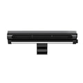 Black clip-on bladeless USB fan attached to laptop screen with LED light illuminated