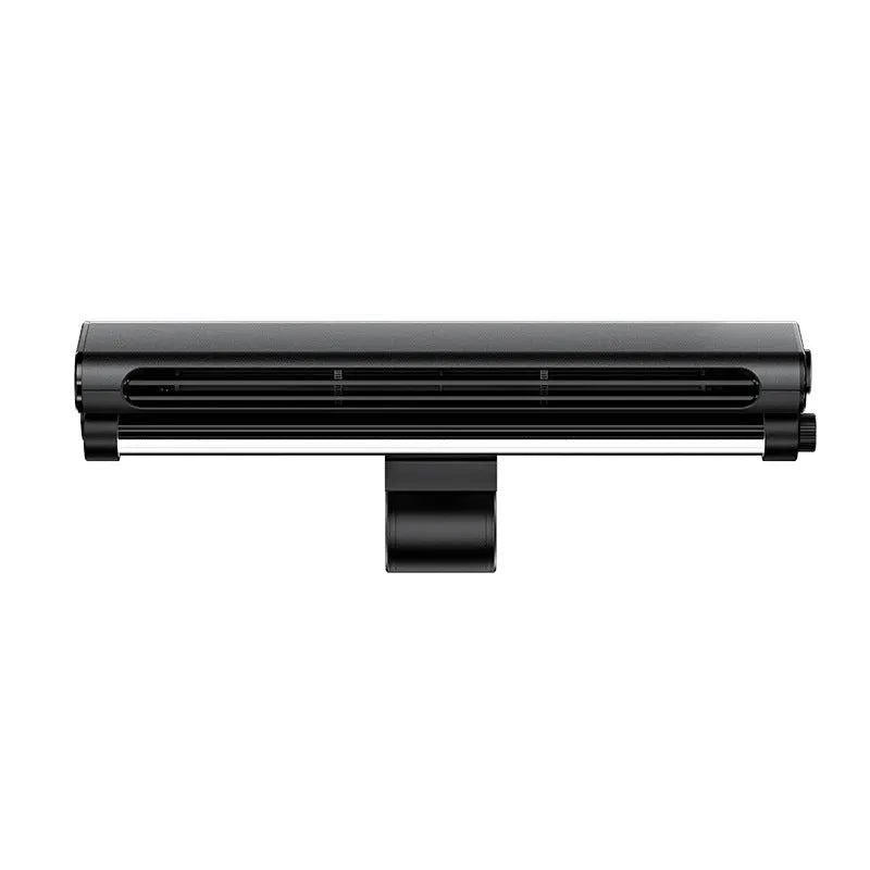 Black clip-on bladeless USB fan attached to laptop screen with LED light illuminated