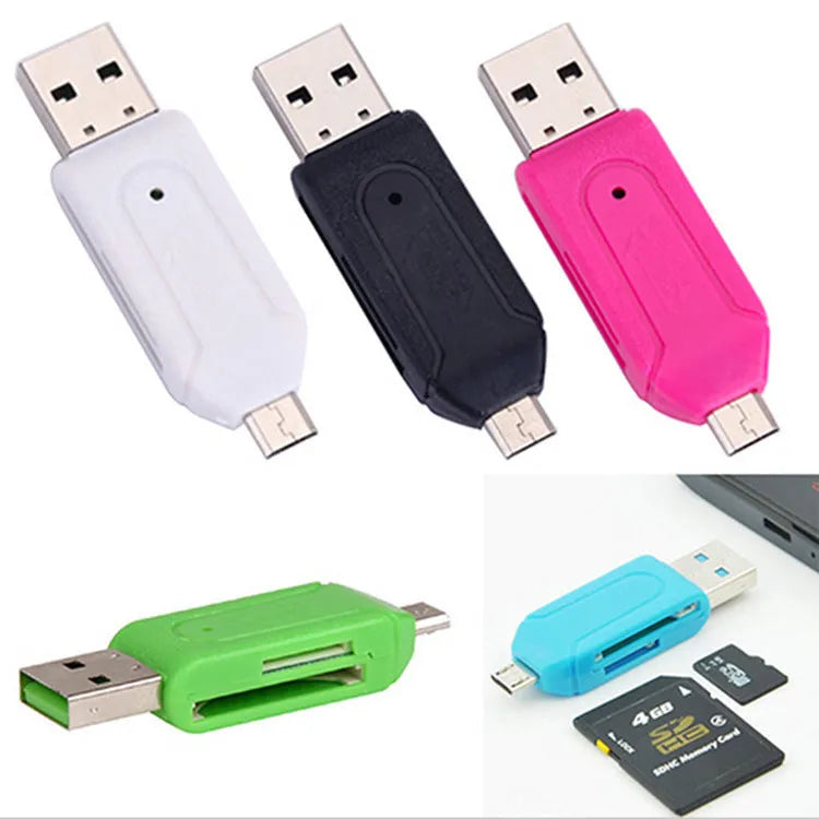 OTG card reader with micro USB connector for Android phones and standard USB for computers