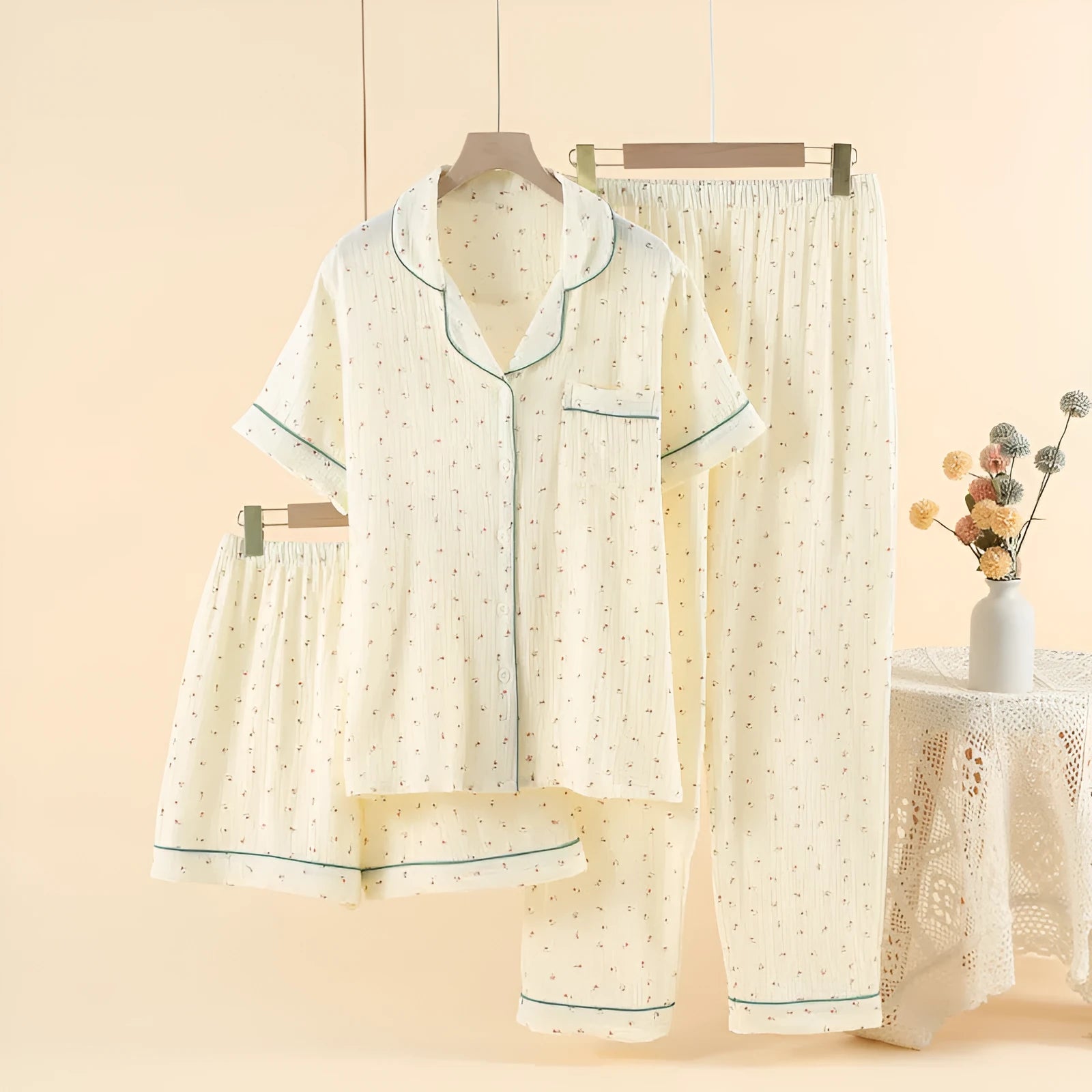 Women's pastoral gold cotton three-piece pyjama set with lapel collar and three-quarter sleeves