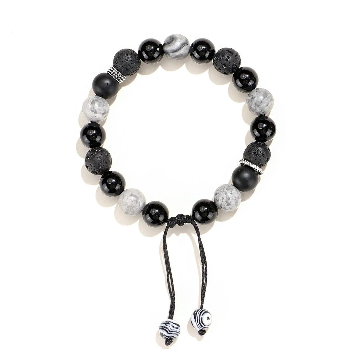 Black agate map stone volcanic rock bracelet with diamond beads in new Chinese style, shown in 10mm and 8mm widths.