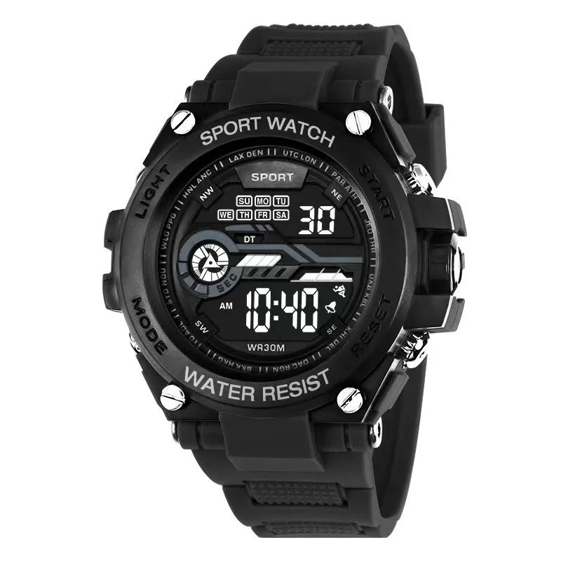 Fashion electronic watch with LED digital display showing ten different colour variations on wrist