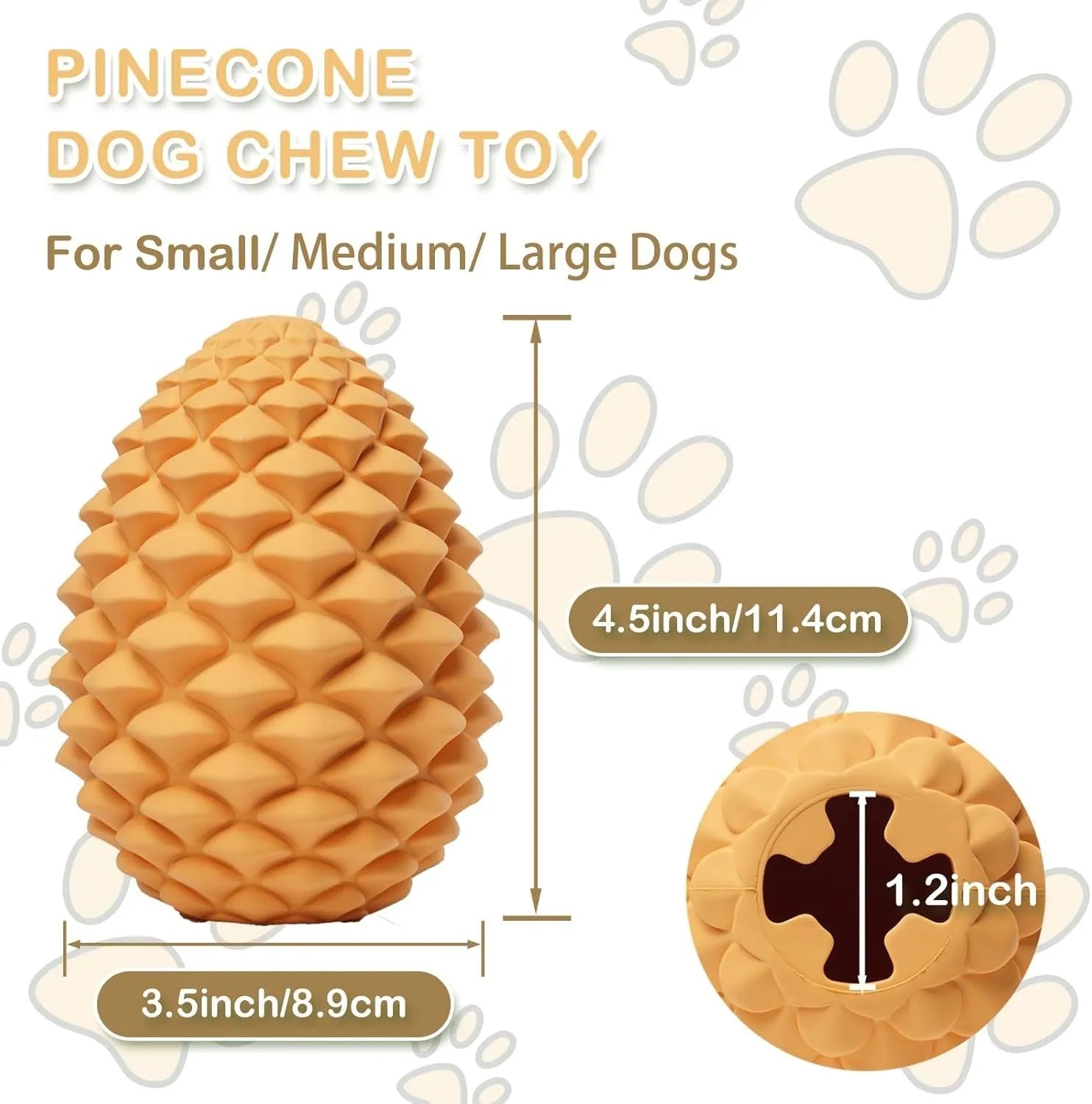 Yellow pine cone shaped natural rubber dog chew toy with treat dispenser for medium large dogs