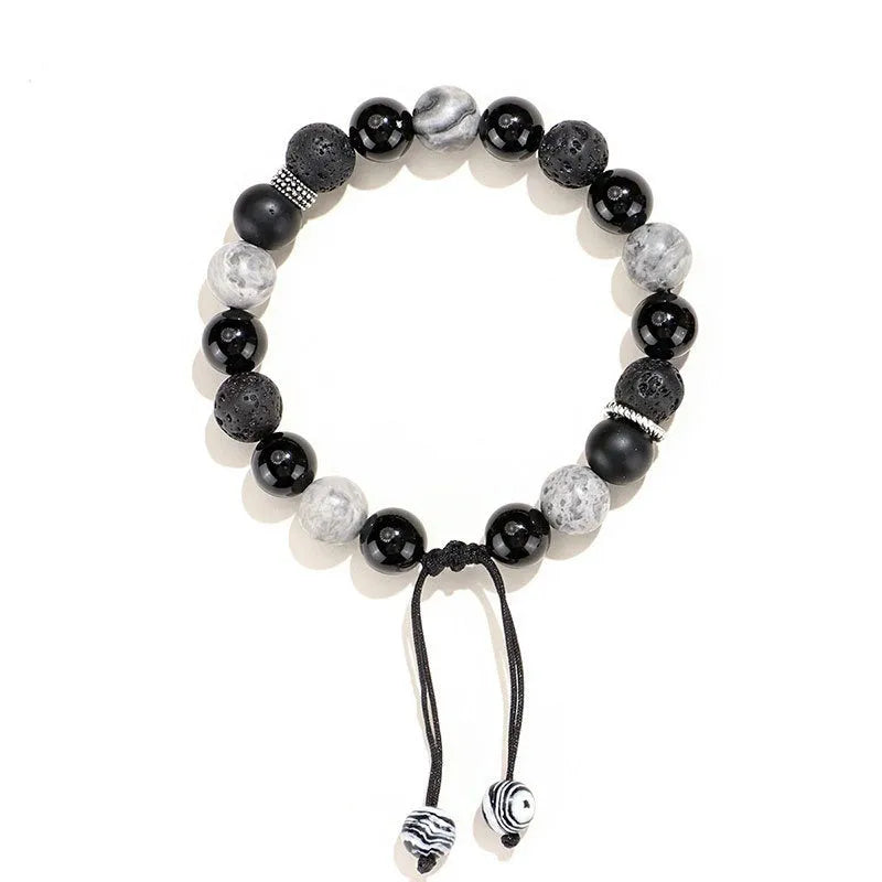 Black agate map stone volcanic rock bracelet with diamond beads in new Chinese style, shown in 10mm and 8mm widths.