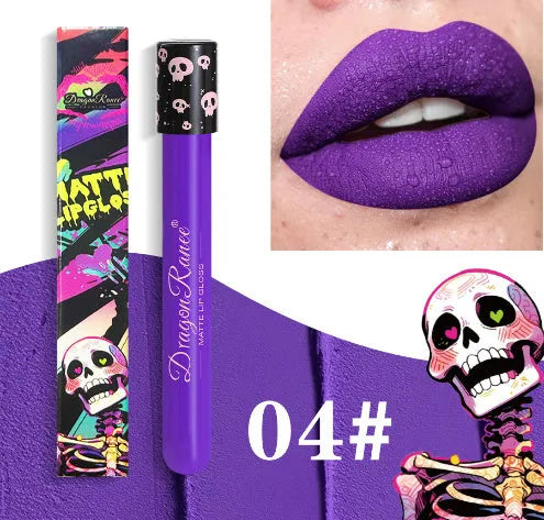 Halloween retro matte lip gloss in test tube skull packaging showing gold silver colours