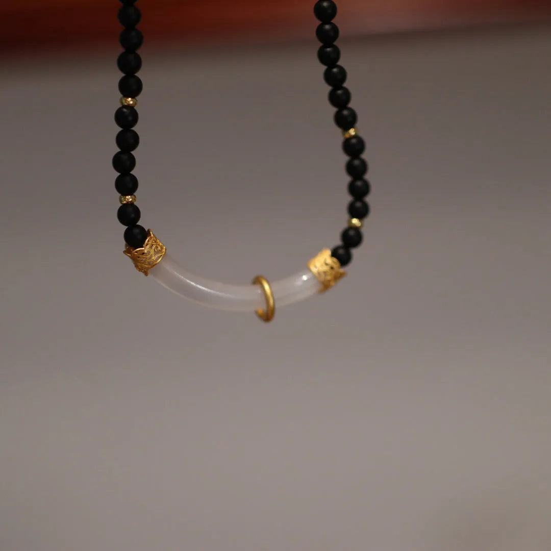 Natural frosted black agate and white chalcedony pendant necklace with 925 silver U-shaped setting on ball bead chain