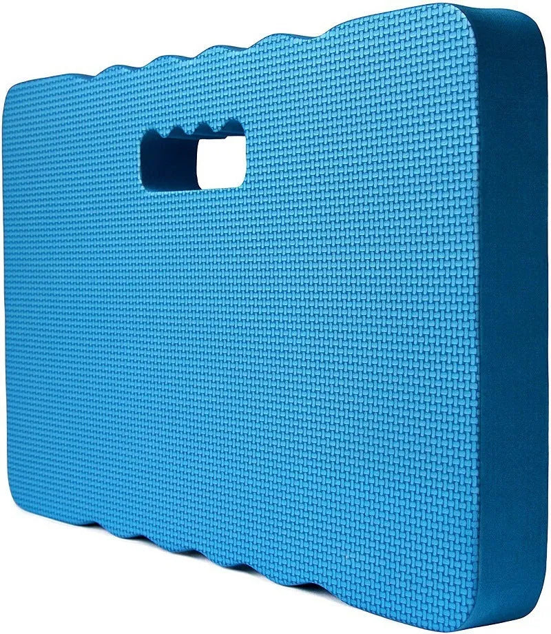 Blue plastic Eva foam garden kneeler pad on soil, showing dimensions for comfortable kneeling support.