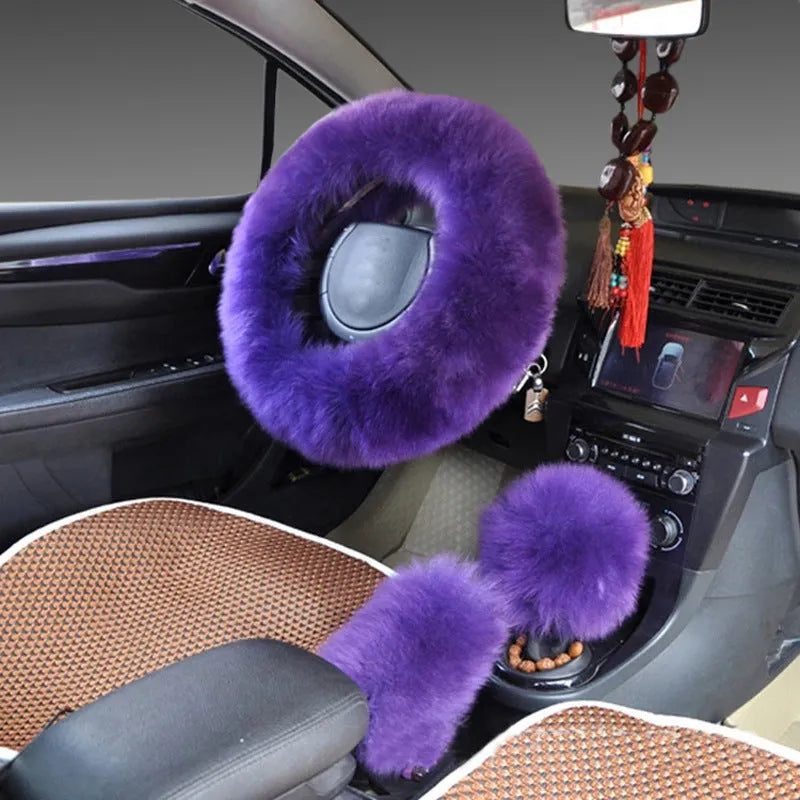 Wool and cashmere blend steering wheel cover and two matching handle covers set for 38cm diameter wheels.