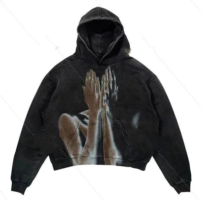 Men's black skull print pullover with round neck and long sleeves on white background