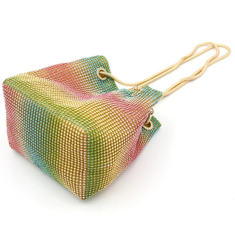 Rainbow rhinestone bucket bag with all-over diamond decoration and soft fabric texture