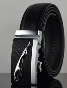 Men's black leather belt with an automatic buckle on a 3.5 cm wide cowhide strap.