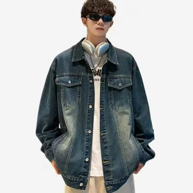Men's washed workwear retro denim jacket in slim fit polyester fabric, regular length, long sleeves, available in multiple colours