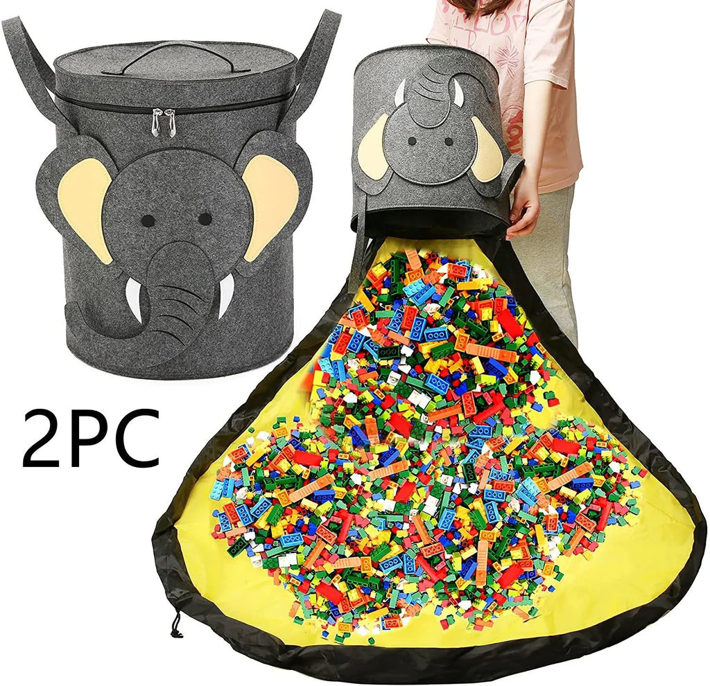 Green felt cube storage bag with pull rope, shown as a toy organiser and play mat.
