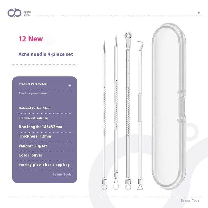 Four metal acne needles with ultra-fine pointed tips on a clean background.