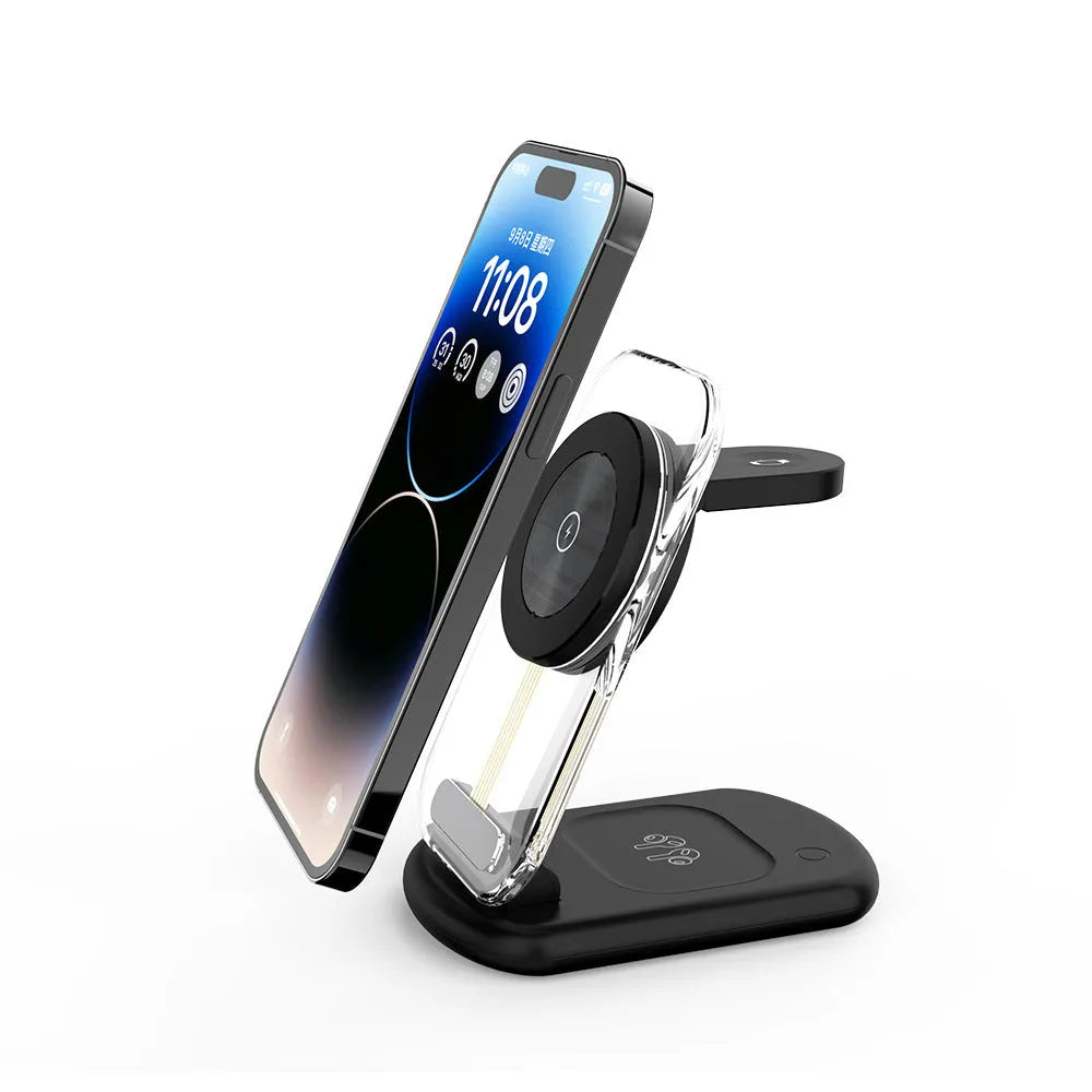 Transparent folding magnetic wireless charger showing black and white colour options with three-device charging capacity