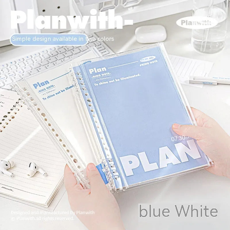 Blue and white A5 PVC spiral notebook showing spiral binding and water-resistant cover.