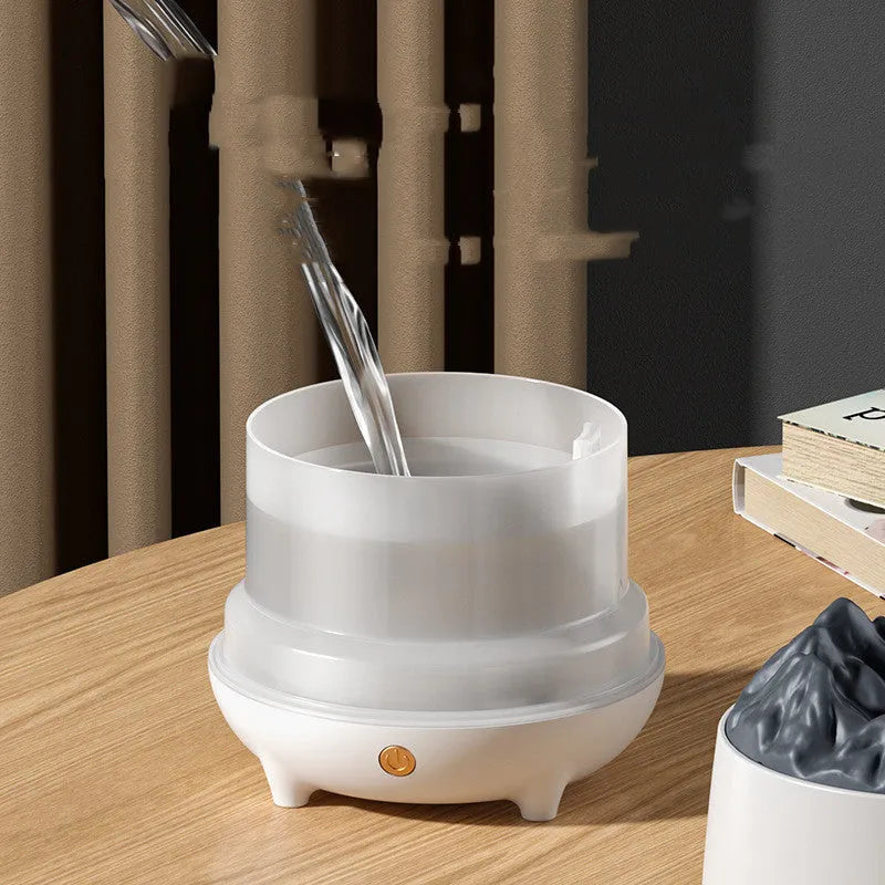 Volcano-shaped ultrasonic humidifier in black or white with USB cable