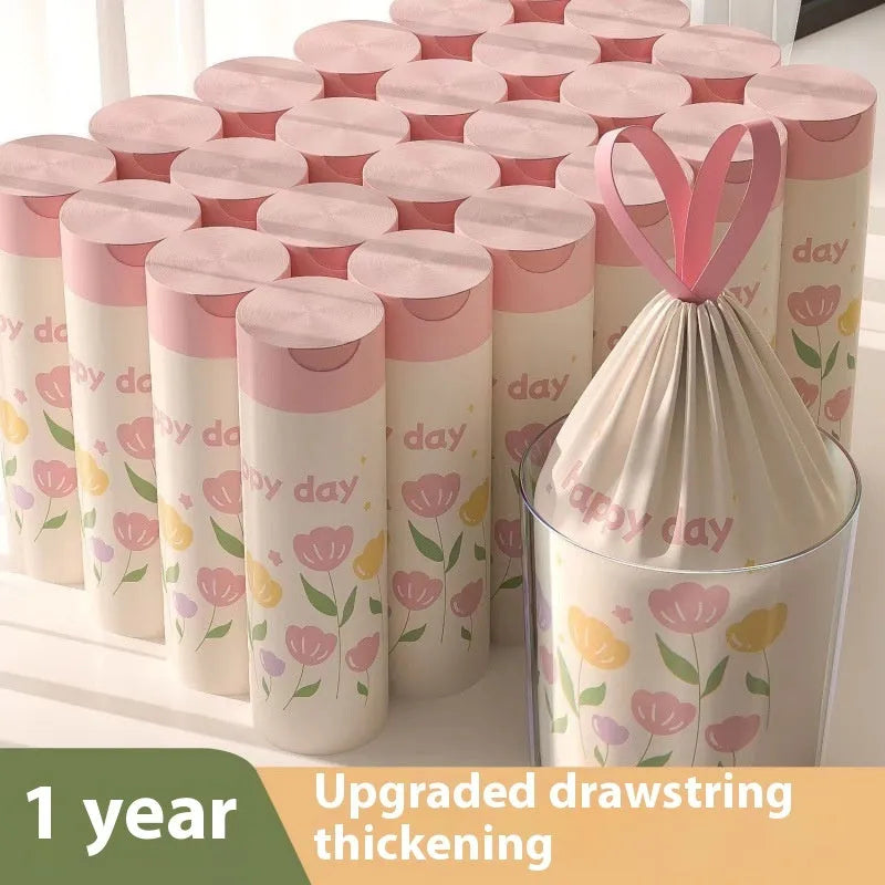 Pink degradable argy wormwood mosquito-repellent garbage bags with drawstring closure