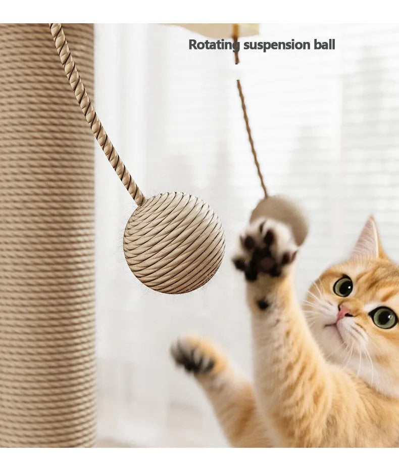 Windmill design cat climbing frame with hanging ball toy on carpet leather and pine wood structure