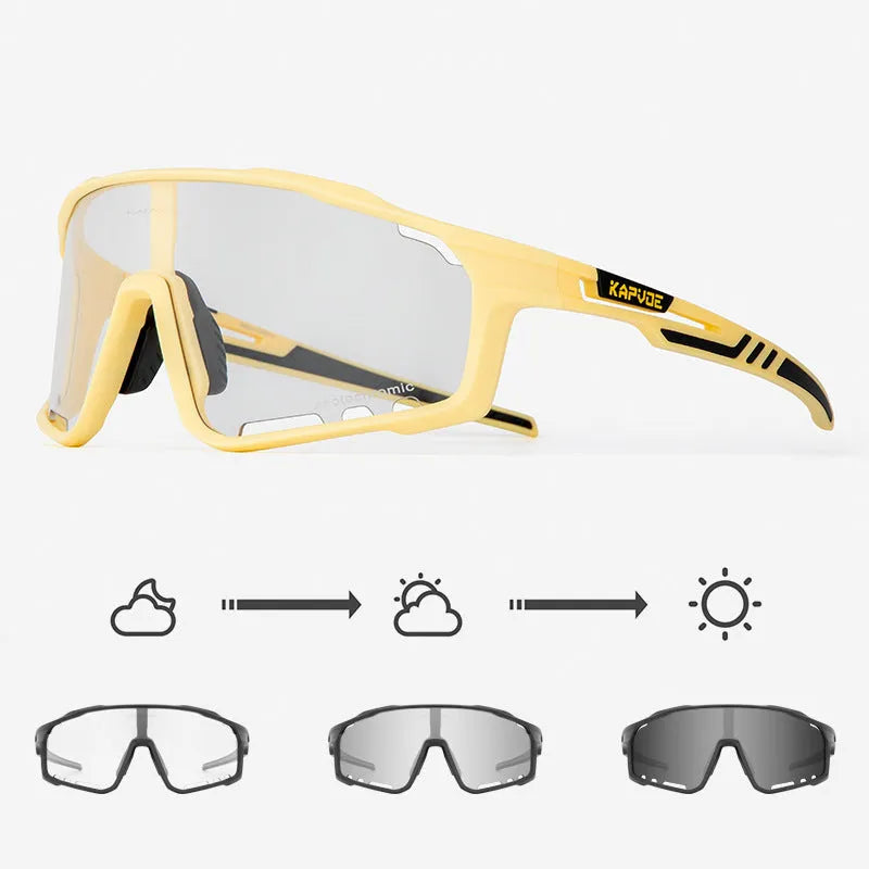 TR90 semi-rimless cycling sunglasses with photochromic lenses, shown in multiple colour options.