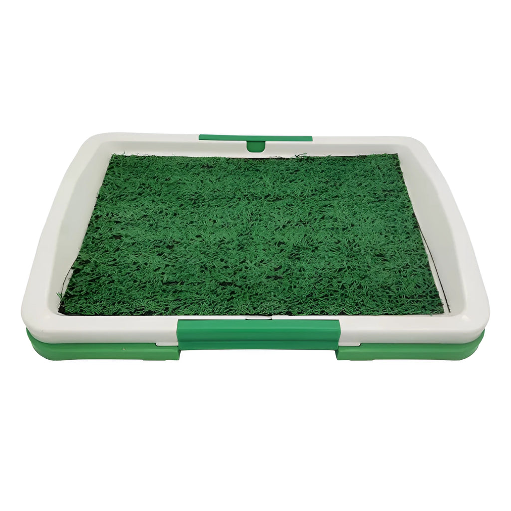 Green artificial turf dog toilet tray with three-layer construction for indoor puppy training.