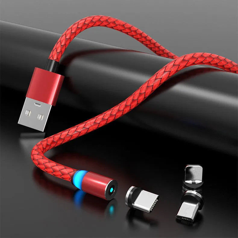 Gold magnetic phone charging cable with breathing light, showing detachable magnetic heads for Apple Lightning and TYPE-C connectors.