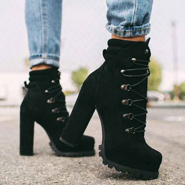 Women's suede Roman-style high heel winter boots in army green with belt buckle details and waterproof platform