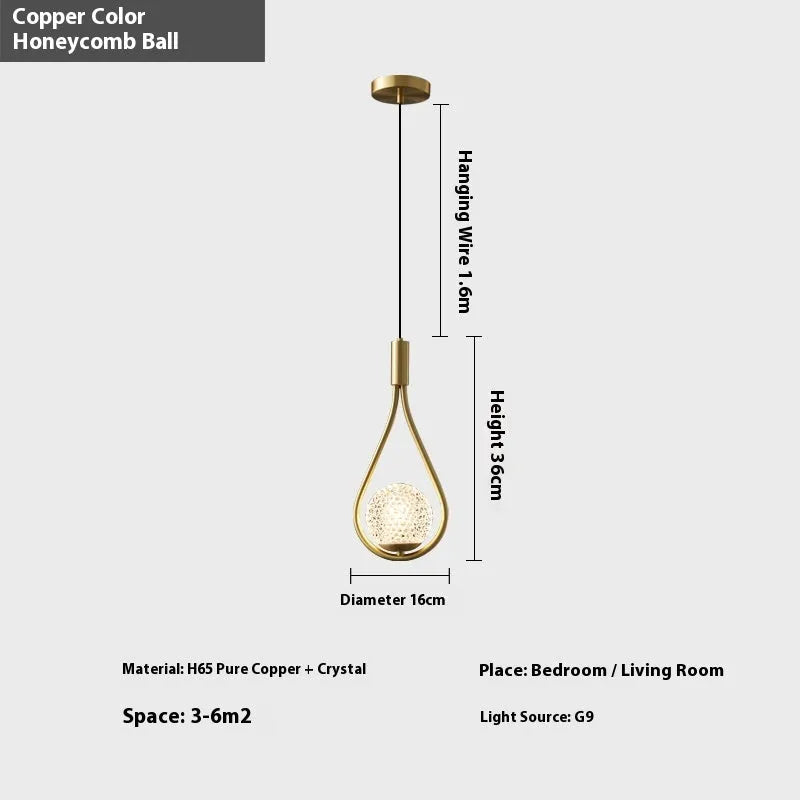 Copper modern minimalist bedroom bedside chandelier with selectable light covers including copper milky white, honeycomb, and black gold options