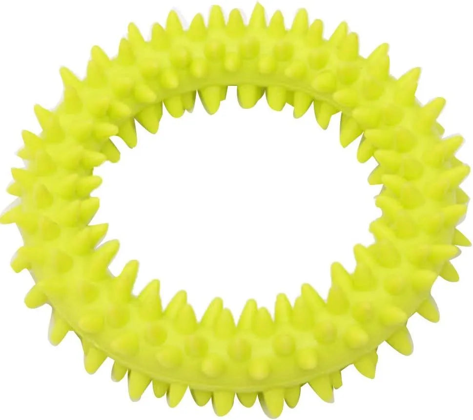 Blue TPR spiky circle dog chew toy for dental cleaning on a white background.