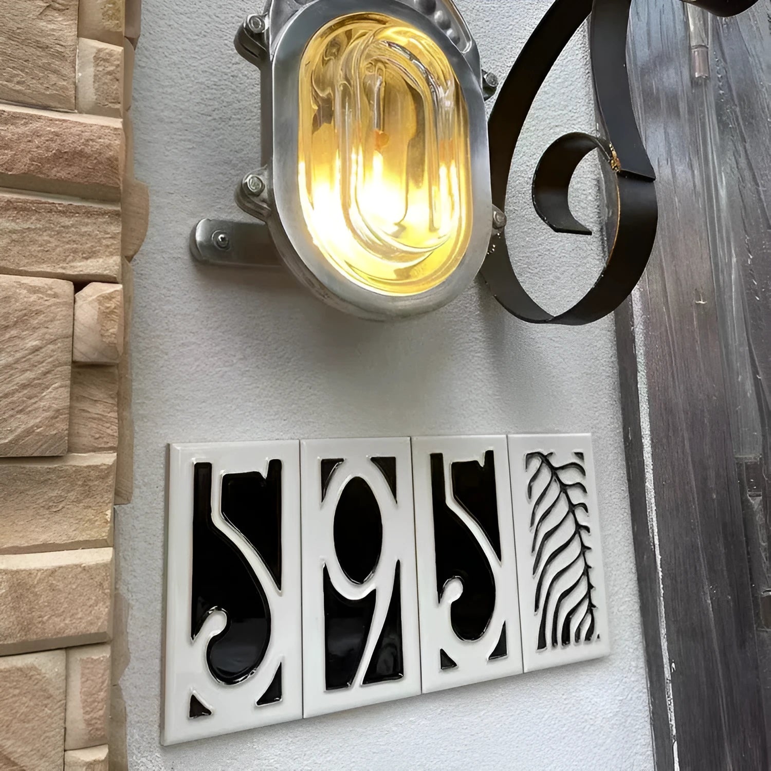 Handmade retro-style ceramic door number plaque with enamel finish, shown with the number 5.