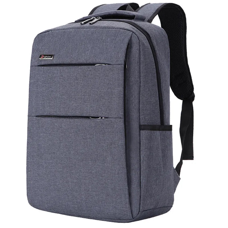 Black waterproof Oxford cloth laptop backpack with shoulder straps and built-in rechargeable power bank.