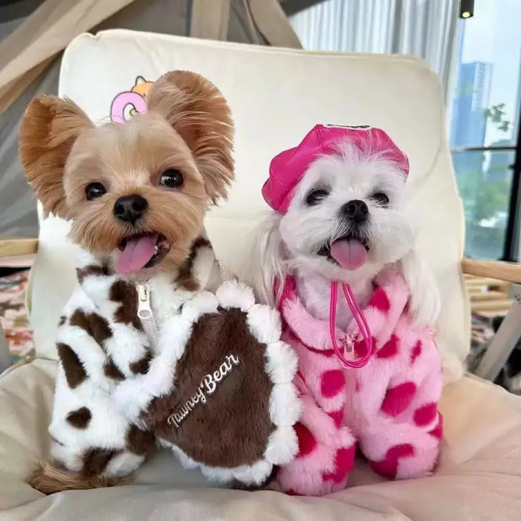 Plush polyester warm coat for small dogs in British style, available in pink or brown colours