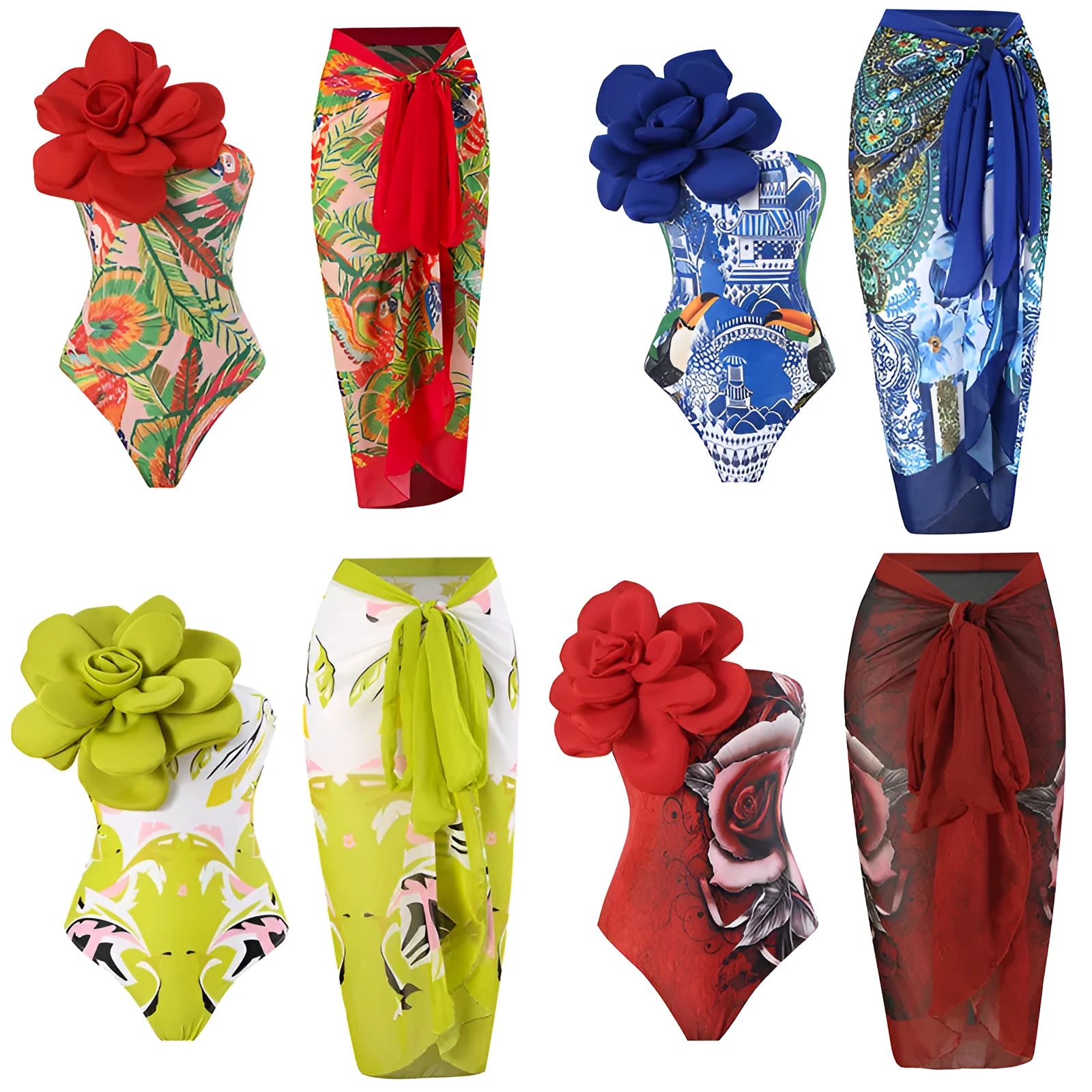 Women's one-piece swimsuit with matching printed gauze skirt set for swimming holidays
