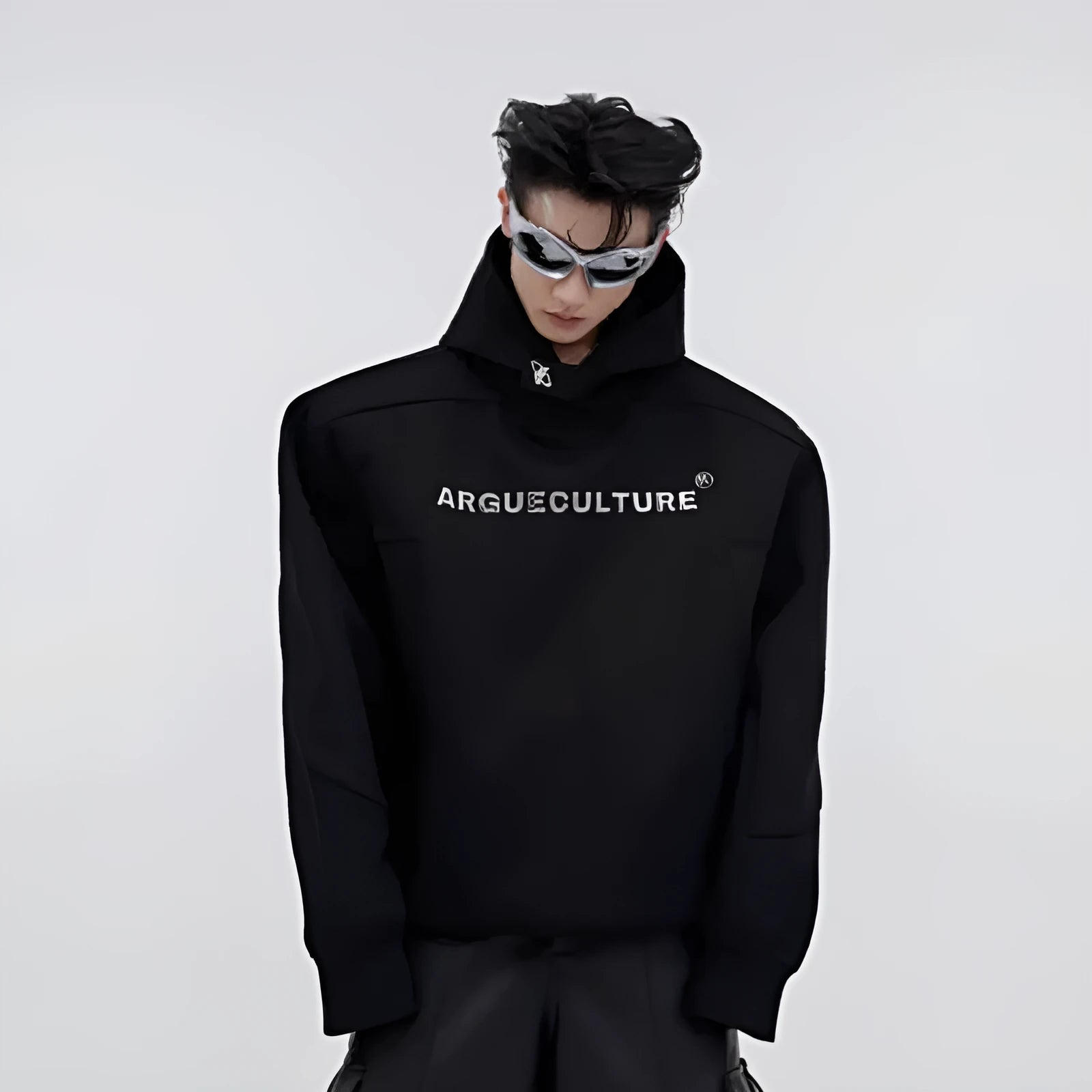 Men's loose hooded sweater with heavy shoulder pads and three-dimensional metal printing in red, black, or grey