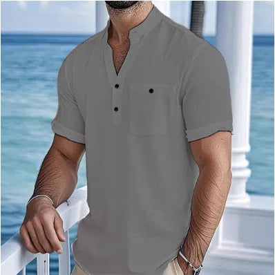 Men's linen blend stand collar short sleeve shirt in loose fit t-shirt style