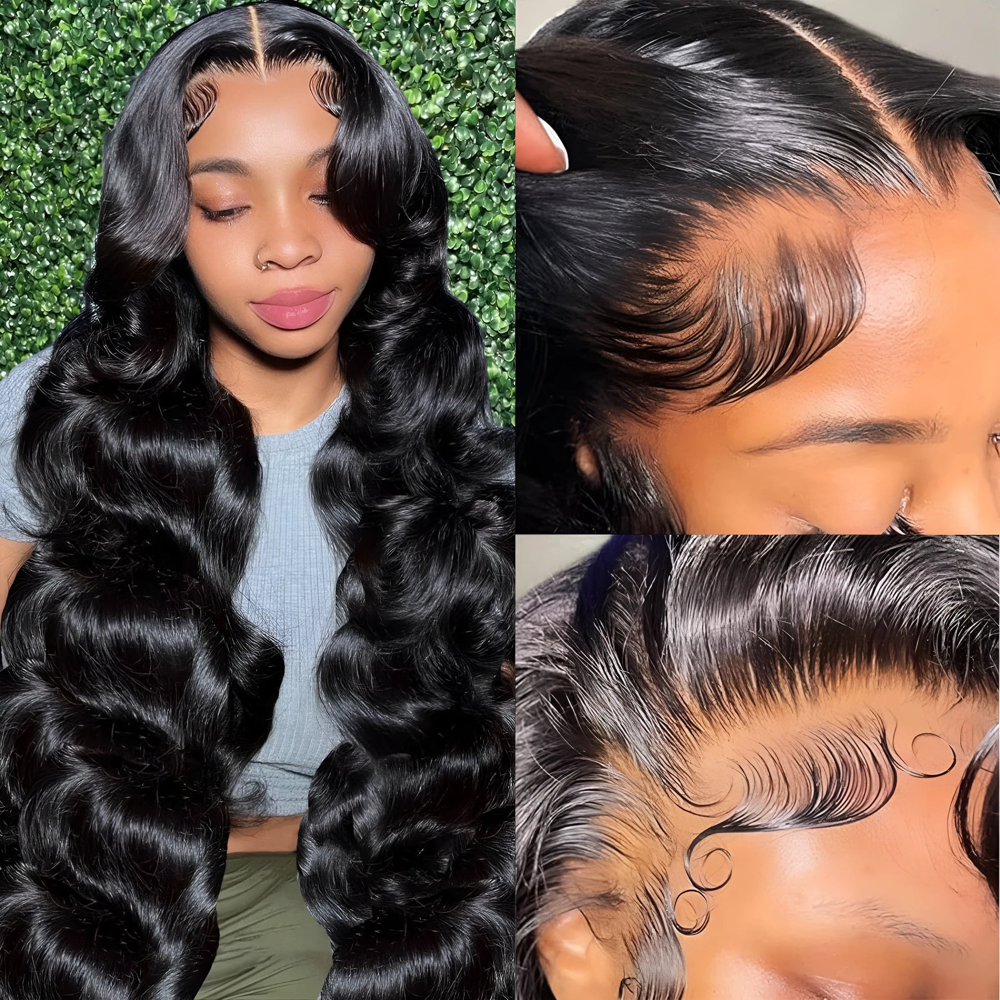 Black medium-long curly synthetic full-head wig on display showing natural wave pattern