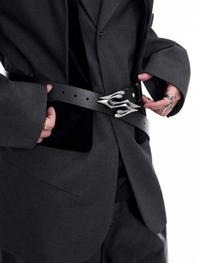Black two-layer cowhide men's leather belt with metal letter buckle showing 110cm length