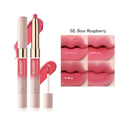 Double-headed lipstick showing matte and glossy finishes in one of 10 available colours